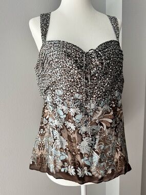 Y2K Ann Taylor 100% silk floral pleated tank blouse sweetheart neckline size 10